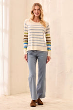 Tribal Fashion Soft Viscose Long Sleeve Crew Neck Stripe Sweater - Moonstone