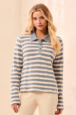 Tribal Fashion Textured Jacquard Stripe Button-Front Collared Knit Top - Blue Fog