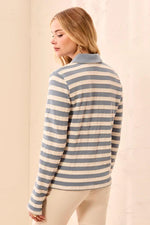 Tribal Fashion Textured Jacquard Stripe Button-Front Collared Knit Top - Blue Fog