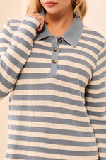 Tribal Fashion Textured Jacquard Stripe Button-Front Collared Knit Top - Blue Fog