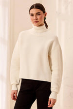 Tribal Fashions Textured Rib Mock Neck Drop Shoulder High-Low Sweater With Side Slits - Cream