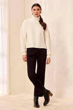 Tribal Fashions Textured Rib Mock Neck Drop Shoulder High-Low Sweater With Side Slits - Cream