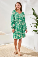 Tribal Femme Printed V-Neck Balloon Sleeve Dress with Fitted Waist