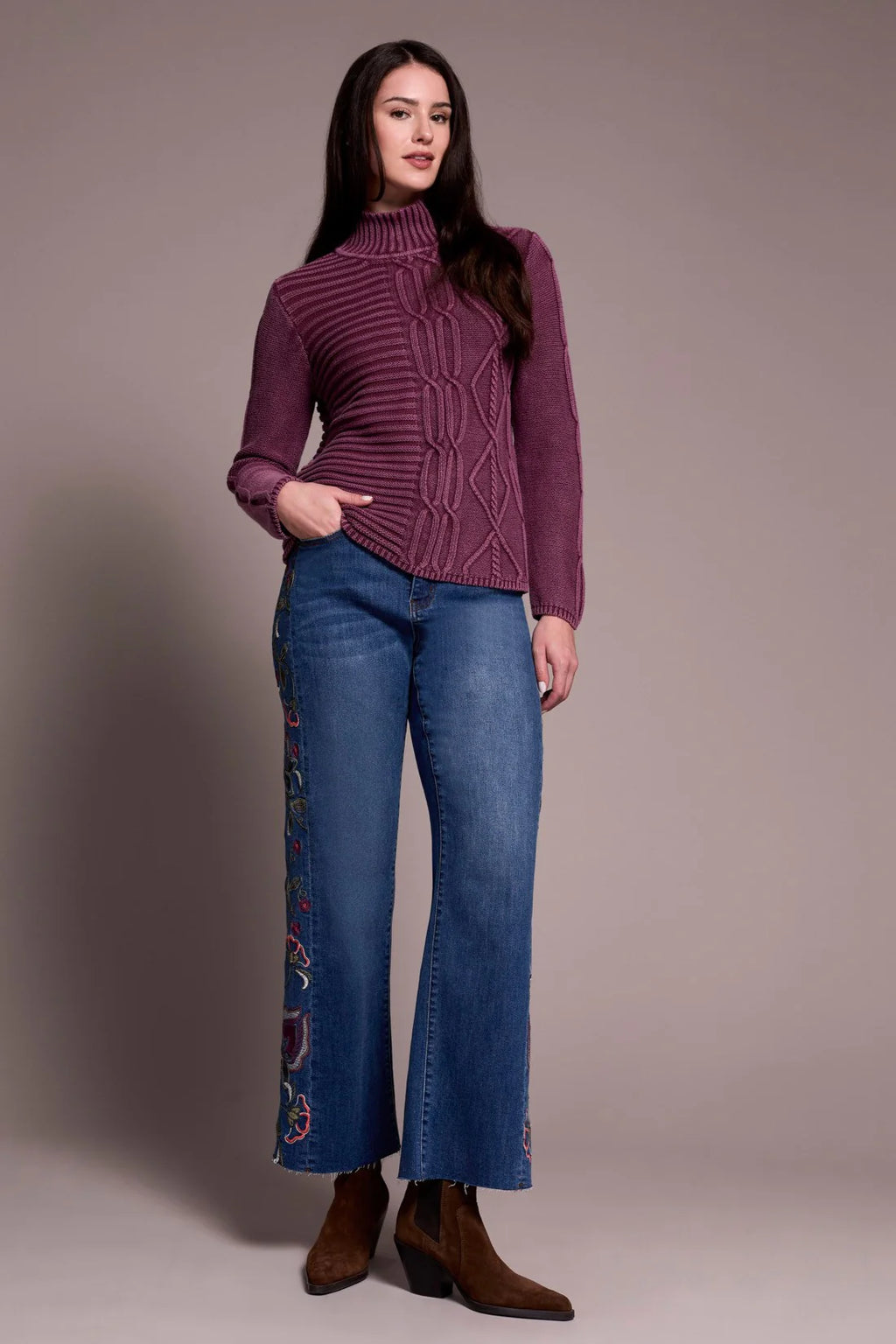 Tribal Fashions Vintage Washed Cable Knit Mock Sweater