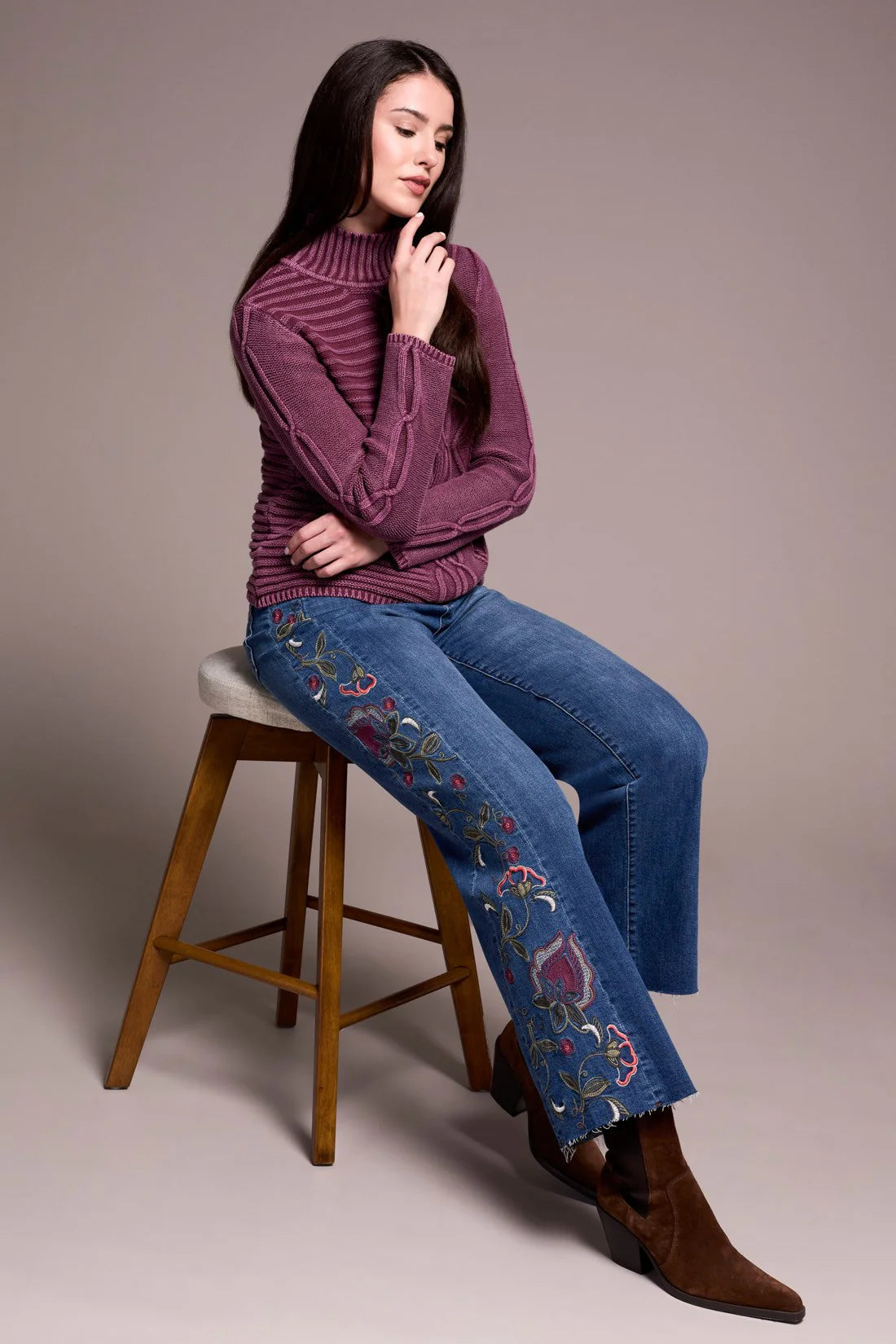 Tribal Fashions Vintage Washed Cable Knit Mock Sweater