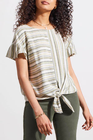 Tribal Fashions Striped Tie Front Blouse with Frill Sleeve