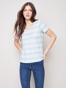 Charlie B Striped Linen Jersey Knit V-Neck T-Shirt - Cerulean