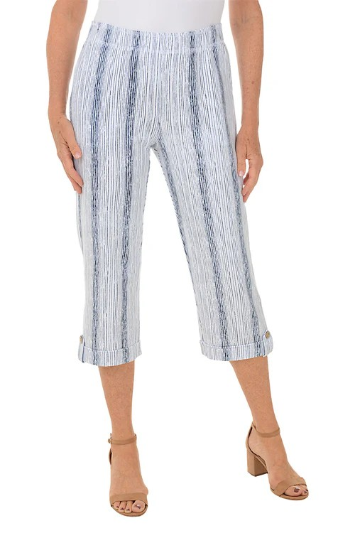 Wild Palms Striped Capri with Button Tab - Denim