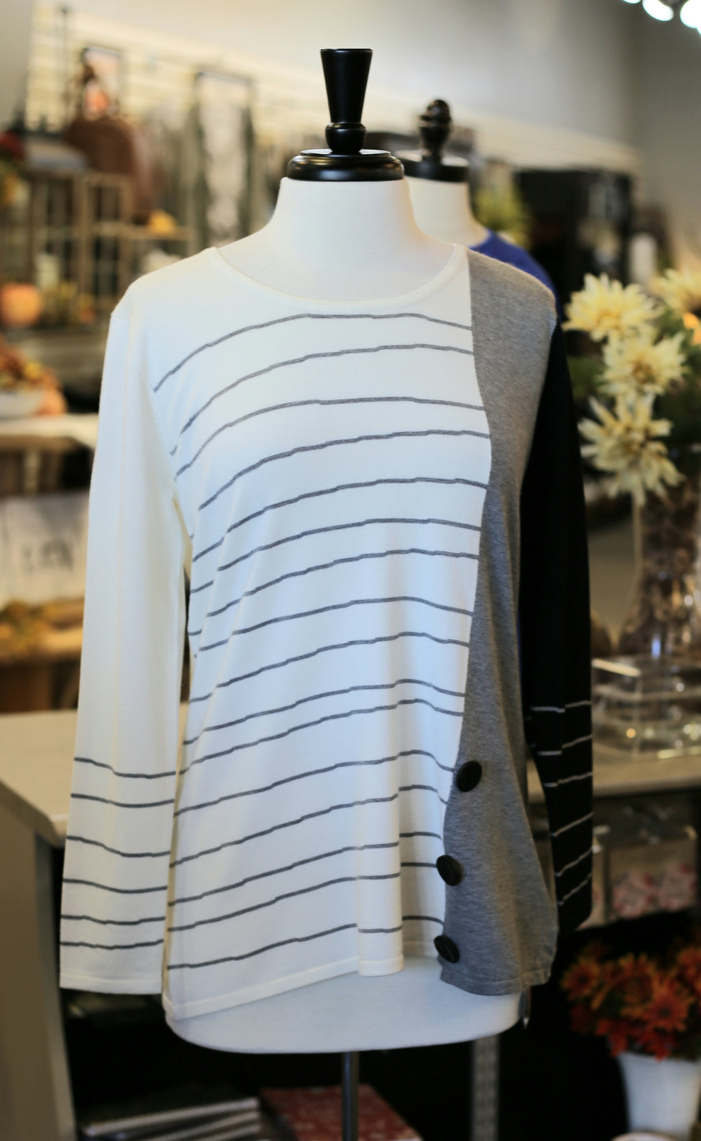 Stripe Sweater with Button Front by Variations