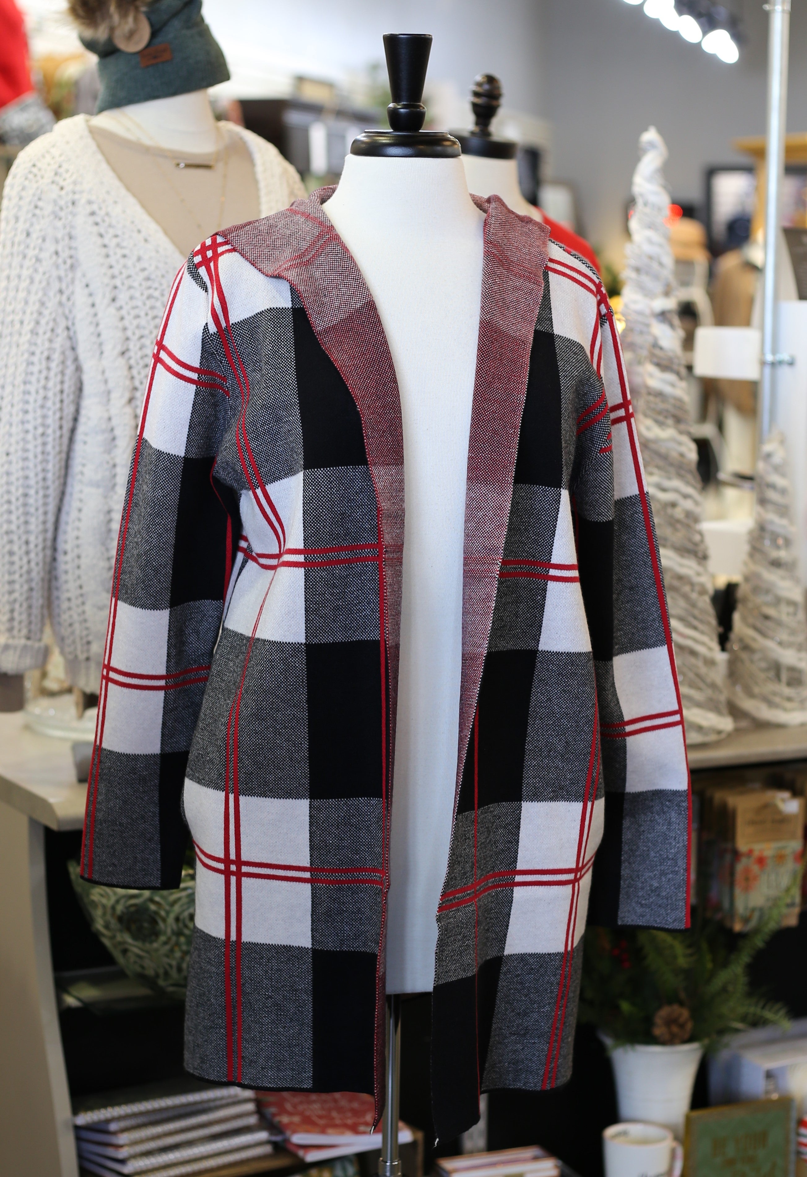 Open Cardigan with Plaid Hood by Creation