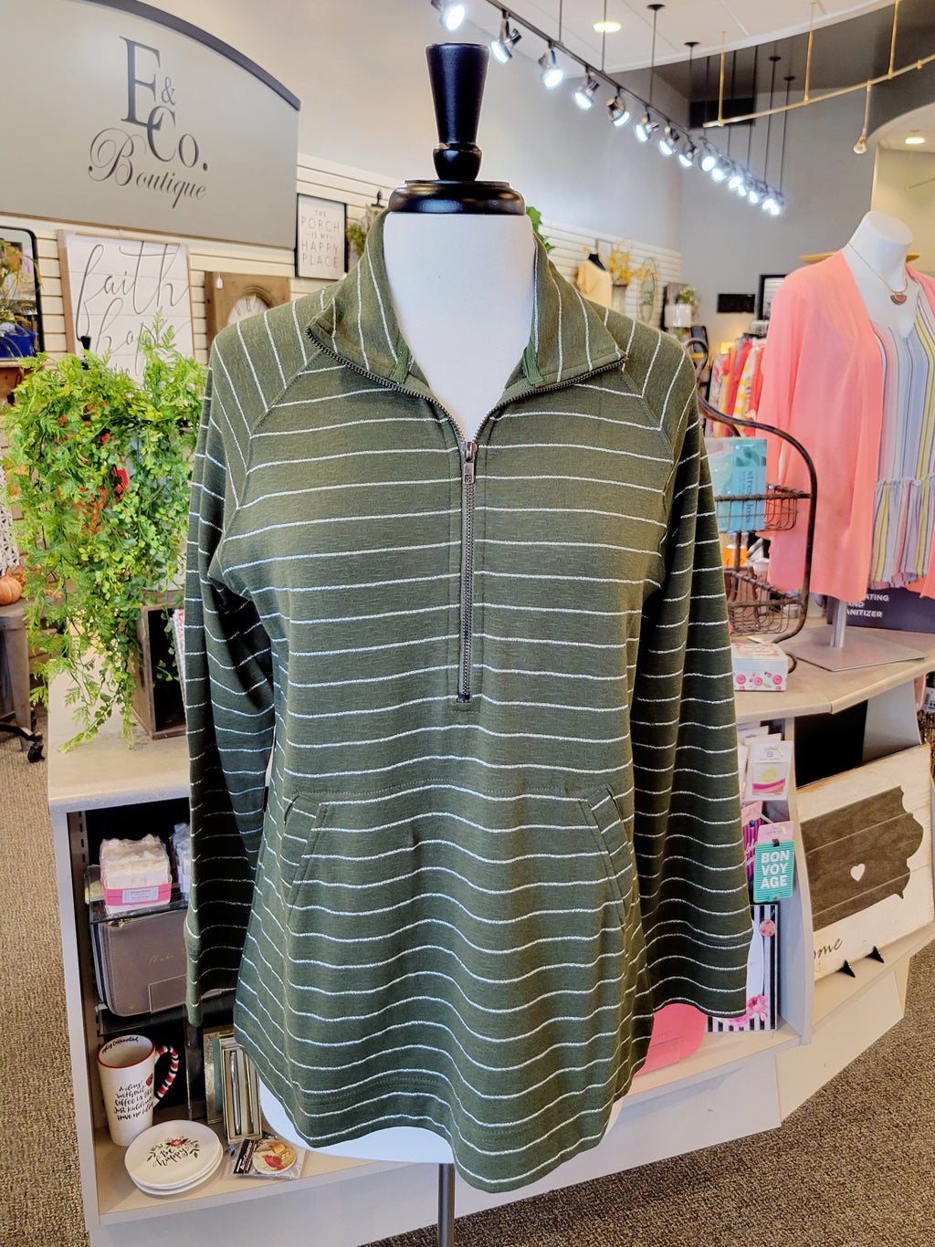 Lulu B Lurex Striped Quarter Zip - Olive