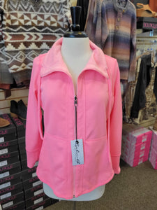 Lulu B Reversible Bucket Neck Zip Front Striped Jacket - Bright Pink