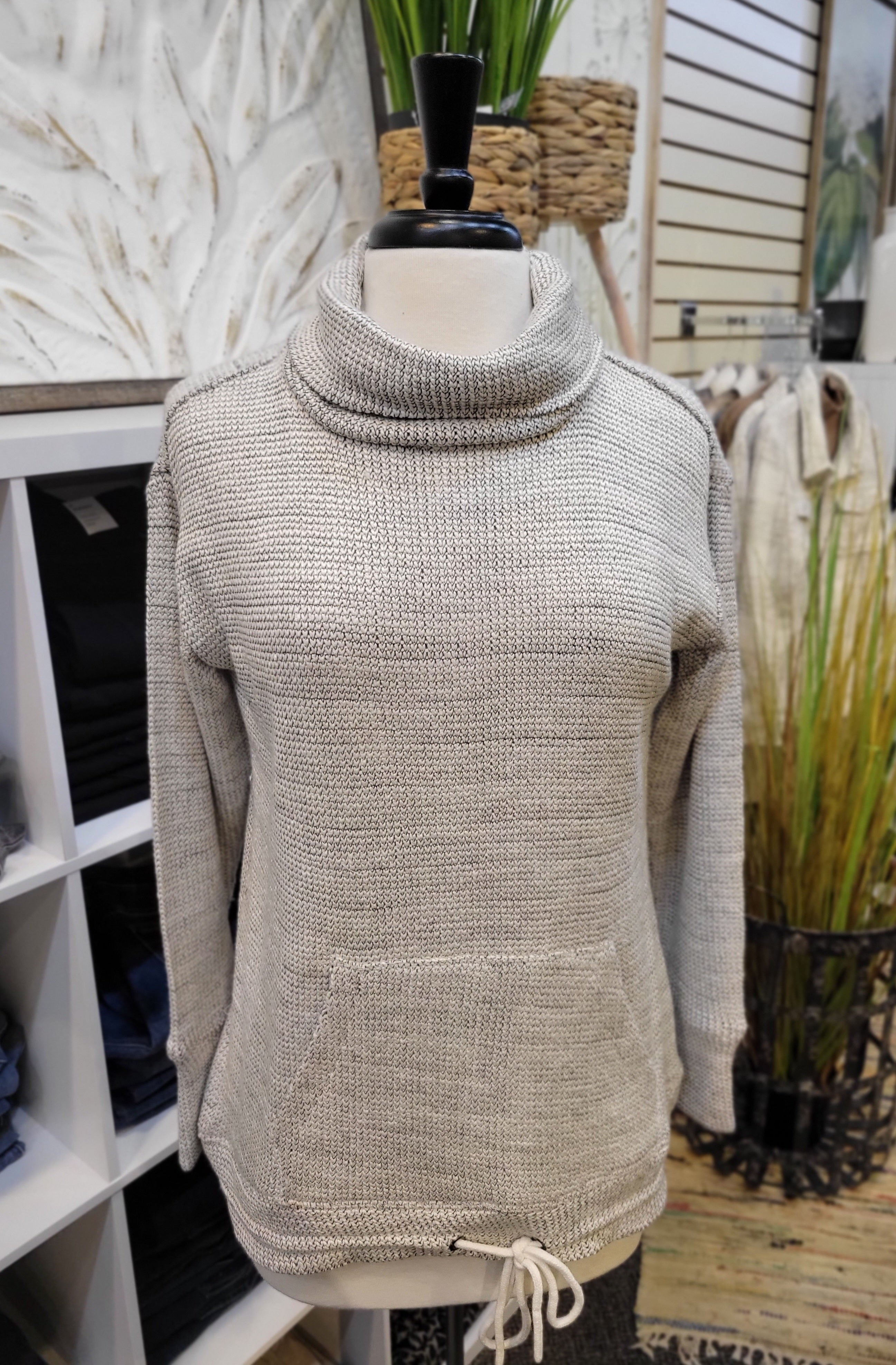Knit Cowl Neck with Pocket Front Drawstring