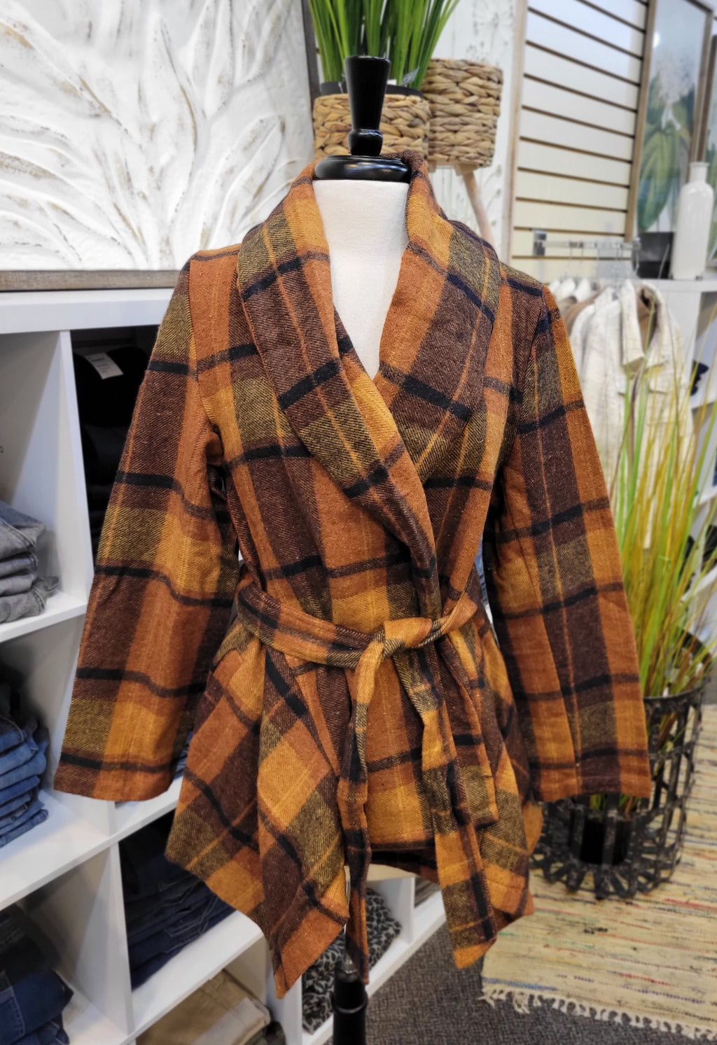 Keren Hart Plaid Waist Tie Wool Coat