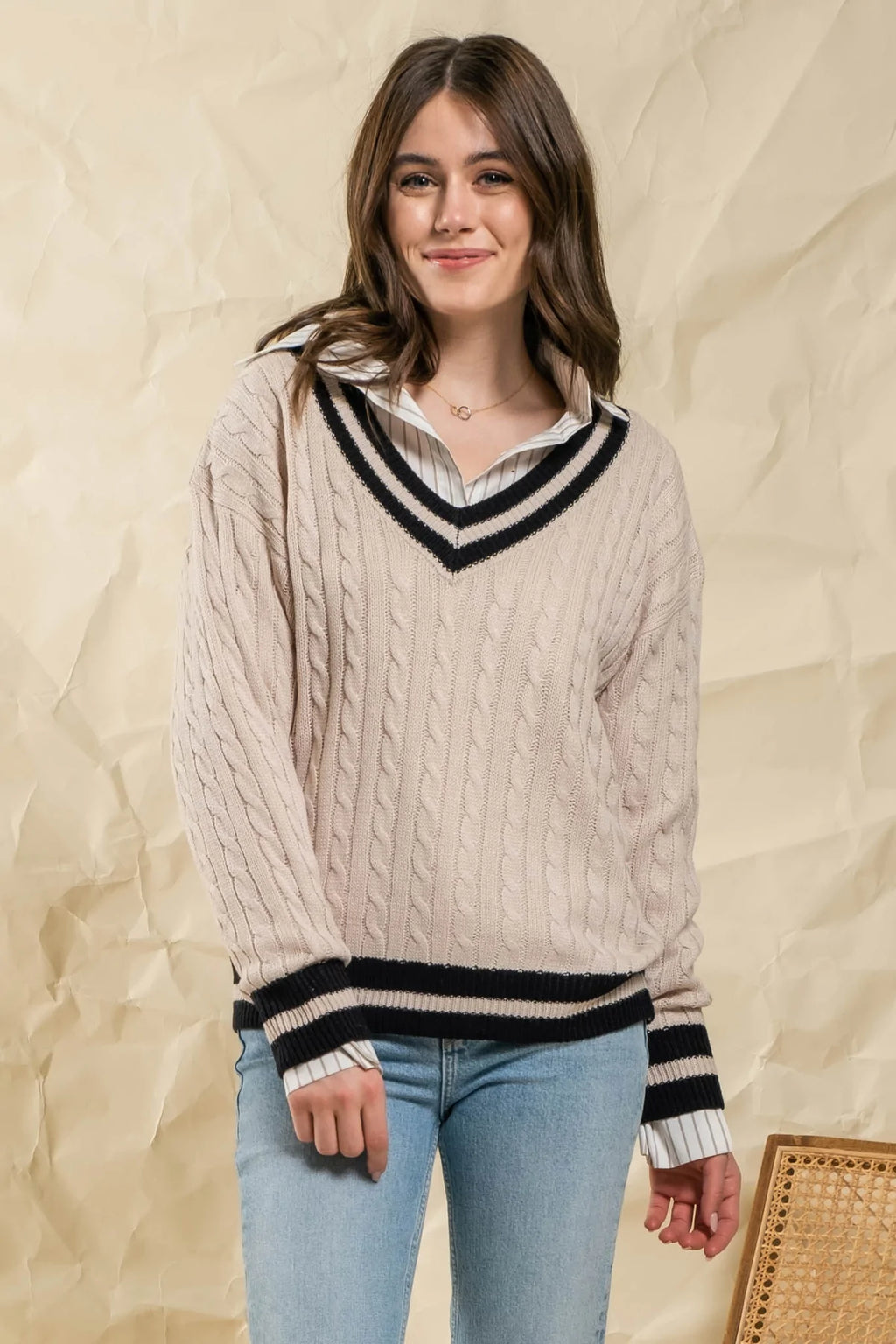 Blu Pepper Cable Knit V-Neck Sweater