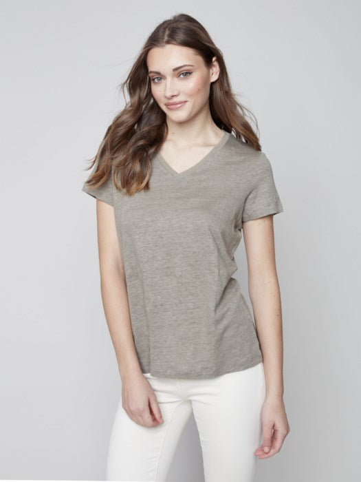 Charlie B Linen V-Neck T-Shirt - Celadon