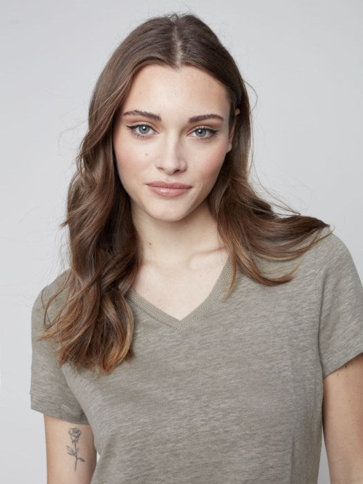 Charlie B Linen V-Neck T-Shirt - Celadon