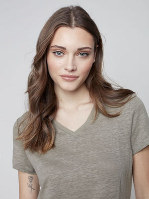 Charlie B Linen V-Neck T-Shirt - Celadon