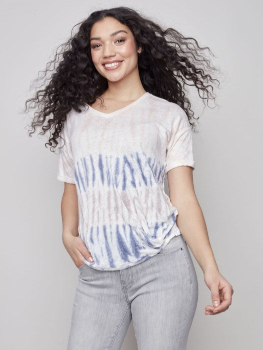 Charlie B Tie-Dye Linen Jersey V-Neck Knit Top - Pearl