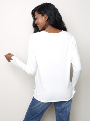 Charlie B Long Sleeve Basic V-Neck Sweater - Ecru