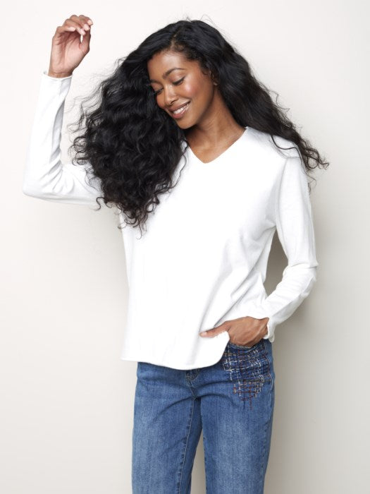 Charlie B Long Sleeve Basic V-Neck Sweater - Ecru
