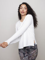 Charlie B Long Sleeve Basic V-Neck Sweater - Ecru