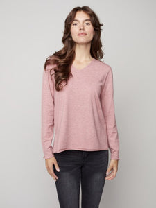Charlie B Long Sleeve Basic V-Neck Sweater - Woodrose