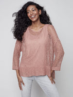 Charlie B Fishnet Crochet Sweater with Drop Shoulder 3/4 Sleeve - Nougat