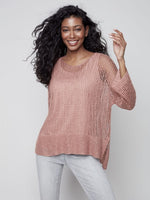 Charlie B Fishnet Crochet Sweater with Drop Shoulder 3/4 Sleeve - Nougat
