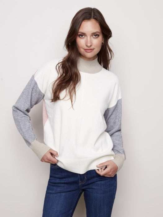 Charlie B Colorblock Mock Neck Drop Sleeve Sweater