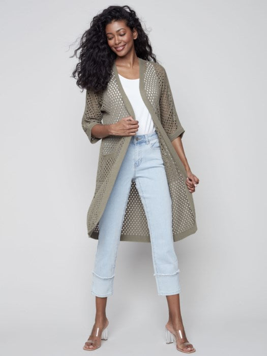 Charlie B Long Crochet Style Dolman 3/4 Sleeve Cardigan