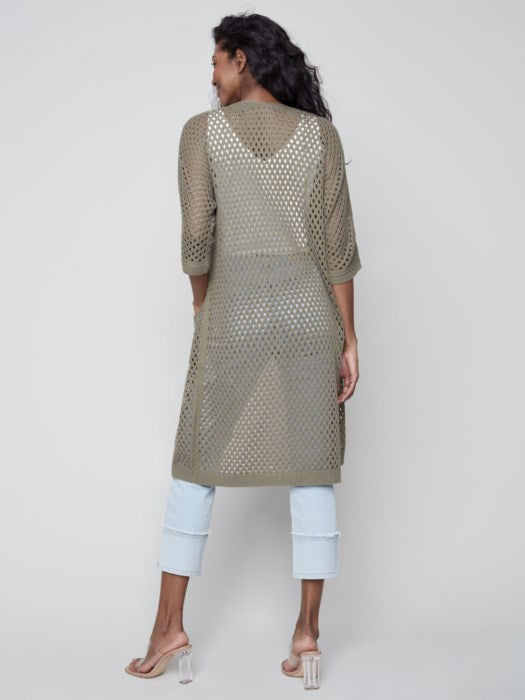 Charlie B Long Crochet Style Dolman 3/4 Sleeve Cardigan