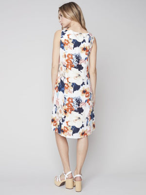 Charlie B Linen A-Line Sleeveless Dress with Buttoned Shoulder Straps Detail