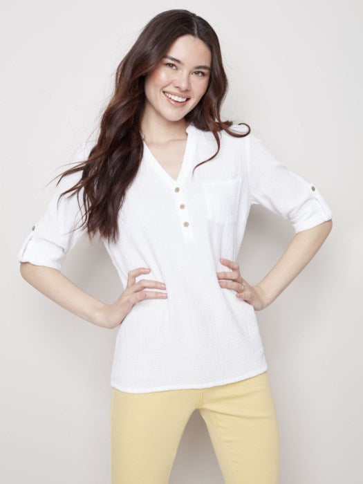 Charlie B Half-Button Bubble Gauze Blouse - White