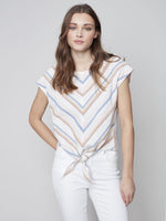 Charlie B Front Tie Knot Linen Top with Cap Sleeve - Peony