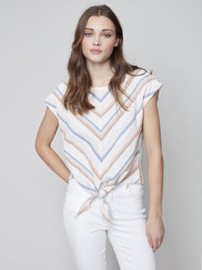 Charlie B Front Tie Knot Linen Top with Cap Sleeve - Peony
