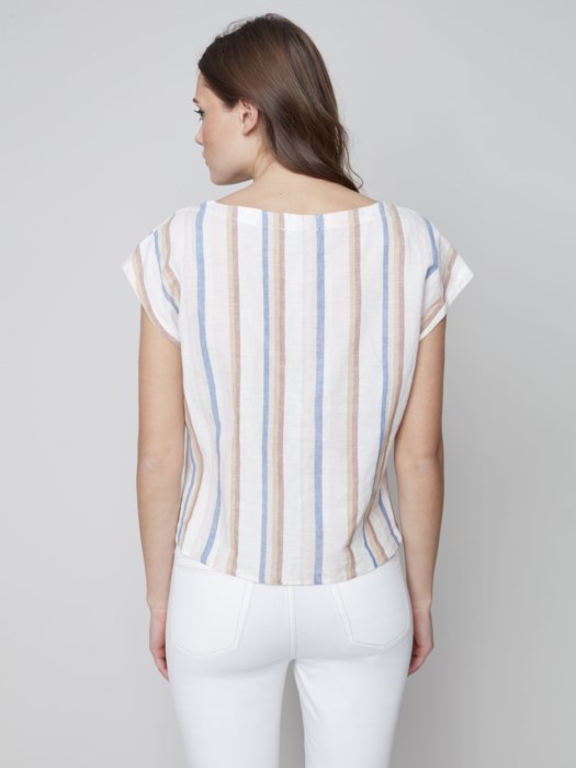 Charlie B Front Tie Knot Linen Top with Cap Sleeve - Peony
