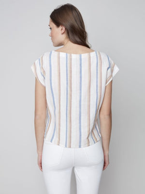 Charlie B Front Tie Knot Linen Top with Cap Sleeve - Peony