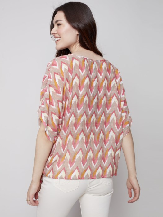 Charlie B Cotton Gauze Side Tie Dolman Sleeve Blouse - Grapefruit
