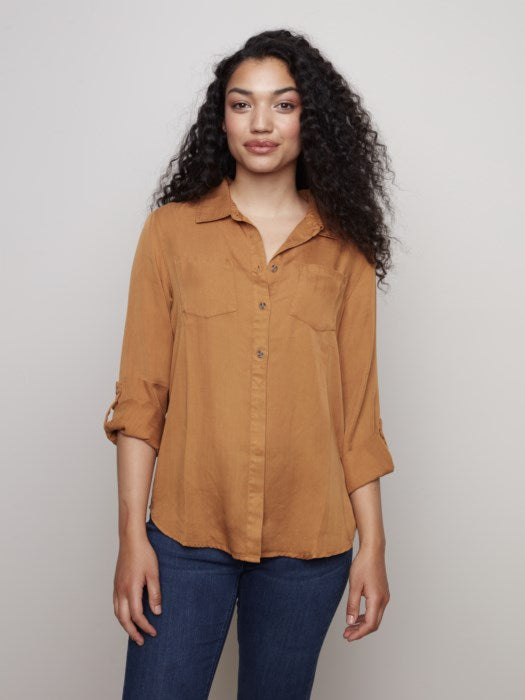 Charlie B Tencel Button Front Blouse - Chestnut
