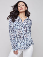 Charlie B Printed Flowy Tencel Button-Down Shirt with Roll-Up Sleeve - Animal Print