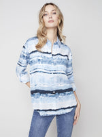 Charlie B Printed Flowy Tencel Button-Down Shirt with Roll-Up Sleeve