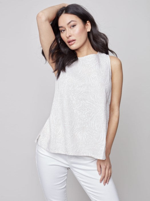Charlie B Printed Sleeveless Linen Top with Back Button-Down Detail