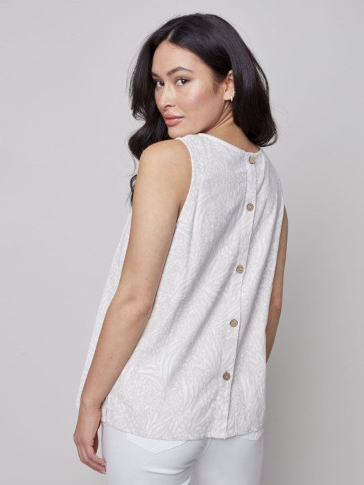 Charlie B Printed Sleeveless Linen Top with Back Button-Down Detail
