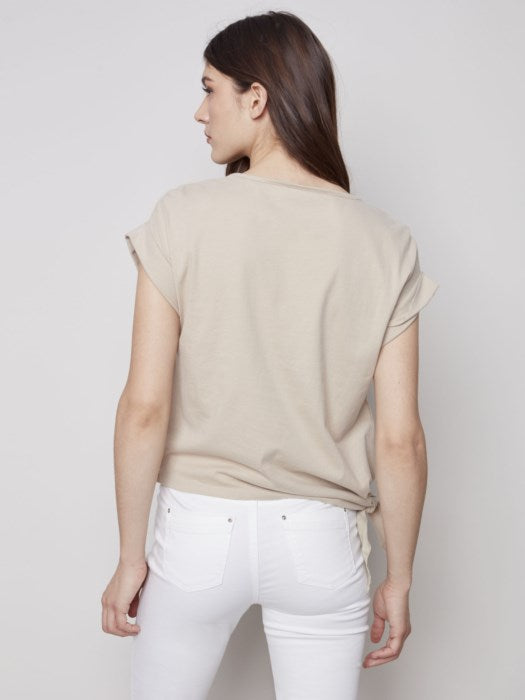 Charlie B Linen Knit Combo Top with Side Knot Tie - Greige