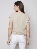 Charlie B Linen Knit Combo Top with Side Knot Tie - Greige