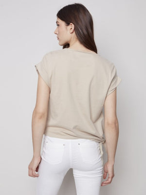 Charlie B Linen Knit Combo Top with Side Knot Tie - Greige