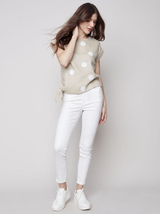 Charlie B Linen Knit Combo Top with Side Knot Tie - Greige