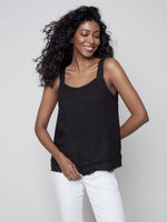 Charlie B Square Neck Linen Cami with Frayed Hem - Black
