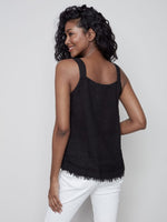 Charlie B Square Neck Linen Cami with Frayed Hem - Black
